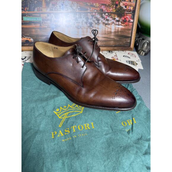 Pastori Handmade Italian Brown Leather Medallion Derby Dress Shoes EU 44 US 11 main image 4